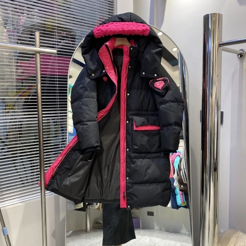 Winter Medium and Long Down Jacket Women's Over-knee Hooded Thickened Loose Contrasting Color Love Bag White Duck Down Jacket