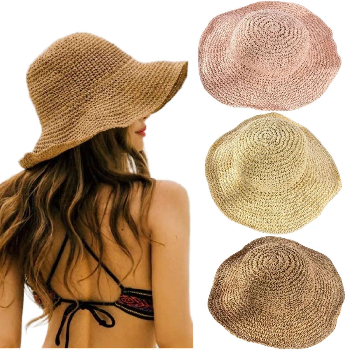Summer Straw Sun Hat for Woman Foldable Natural Straw Bucket Hat Outdoor Hollw Breathable Fisherman Cap Travel Beach