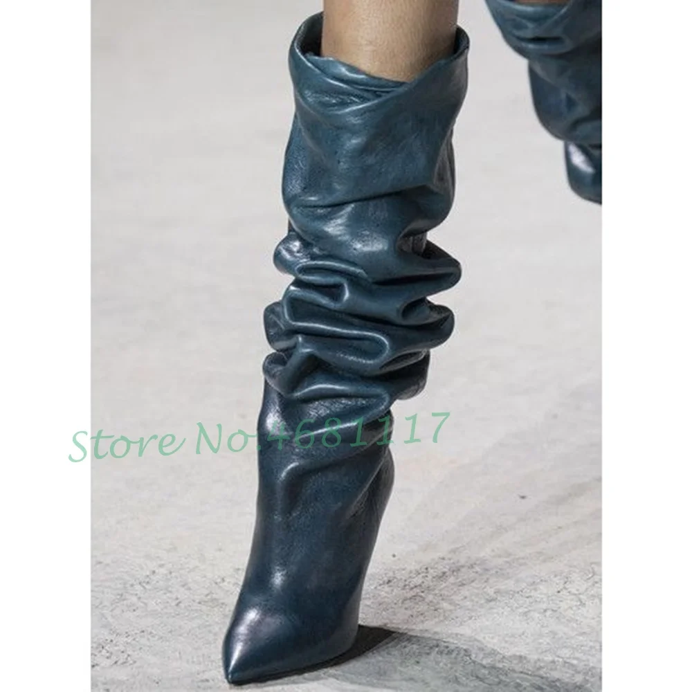 Pleated Spike Heel Long Boots Women New In Catwalk Sexy Leather Knee High Boots Outfit Hot Street Style Blue Large Size Shoes