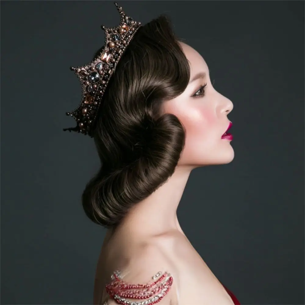 

Rhinestone Vintage Baroque Crown Pearl Decoration Wedding Hair Jewelry Comfortable To Wear Round Shape Crystal Crown for Women