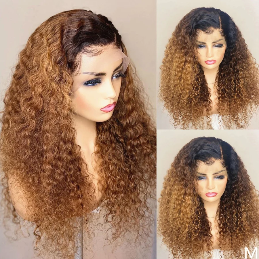 

Soft 26Inch Long Brown 180Density Ombre Blonde Kinky Curly Lace Front Wig For Black Women Baby Hair Daily Preplucked Glueless