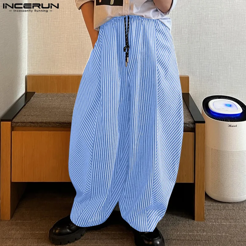 

INCERUN Fashion Men Striped Pants Drawstring Joggers Loose Casual Trousers Men Streetwear 2025 Oversize Wide Leg Long Pants