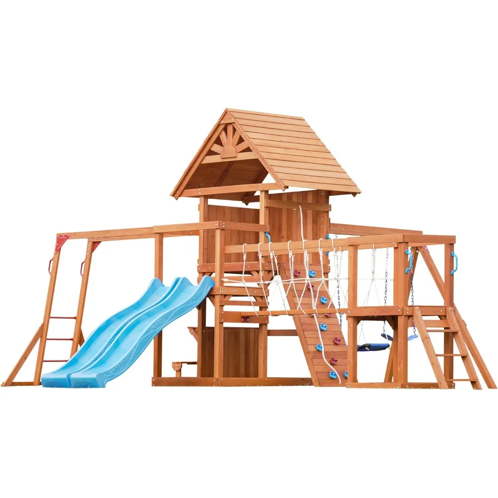 Swing Sets for Backyard with Plank Bridge, Wooden Playground Sets for Backyards with 2 Wave Slides