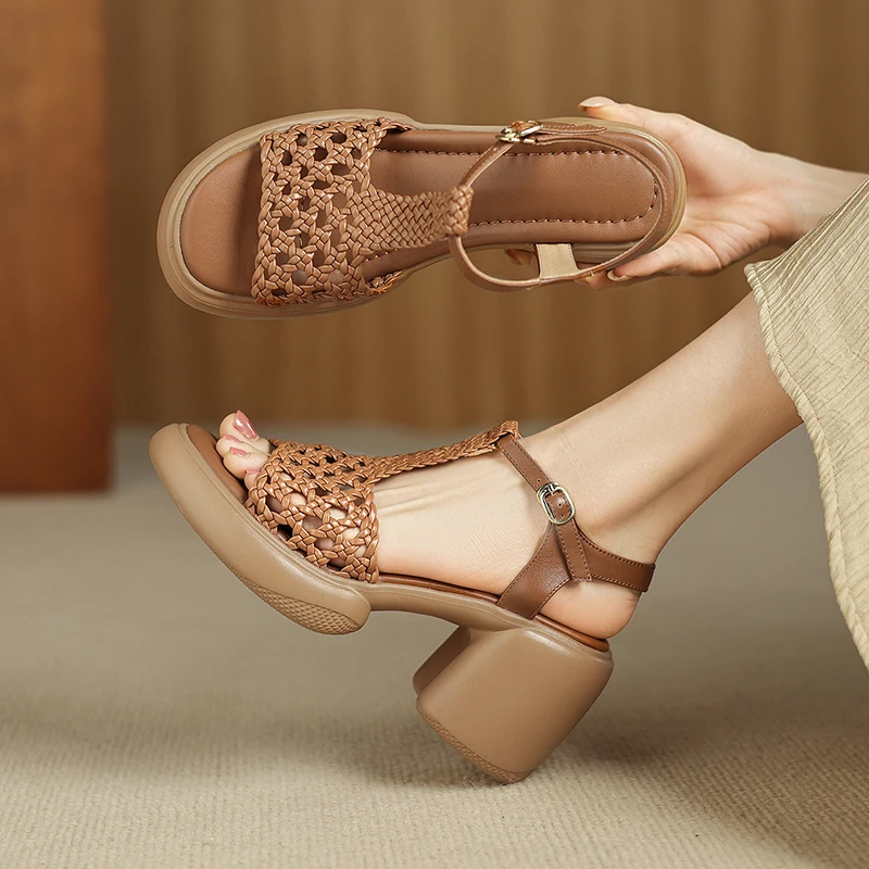 

2026new summer women sandals natural leather 22-25cm cowhide+mesh+sheepskin+microfiber back-buckle high heel women shoes fashion