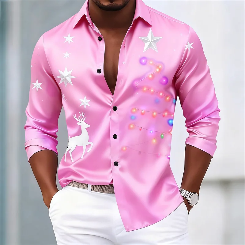 Christmas Men's Christmas Scene 3D Printed Shirt Snowflake Casual Fashion Collar Button Long Sleeve Shirt