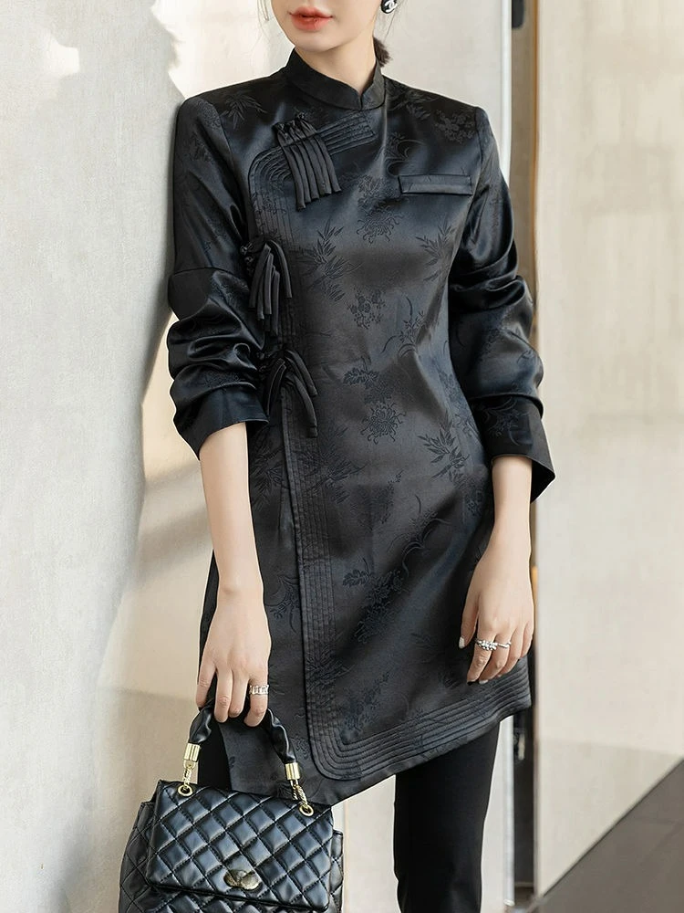 

Black Cheongsam Women's Design Sense Niche Jacquard Chinese Style Waist Cinching Slimming Dress Autumn