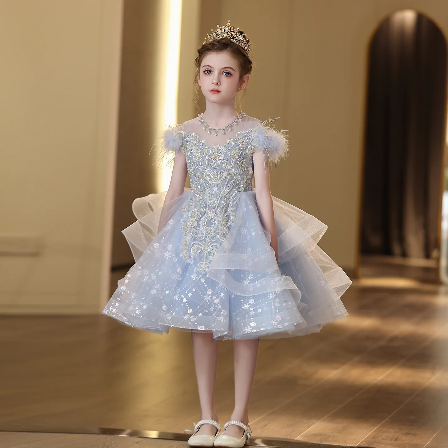Kids Princess Formal DressCostume, High-End Host Outfit For Girls With Feather Design, Light Luxury Runway Piano Performance