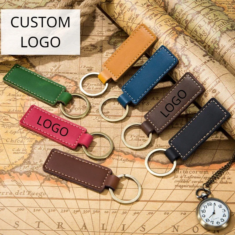 Customized Cowhide Leather Keychain for Men and Women Retro Vintage Car Logo Key Chains Accessory Laser Engrave Keyring Gift