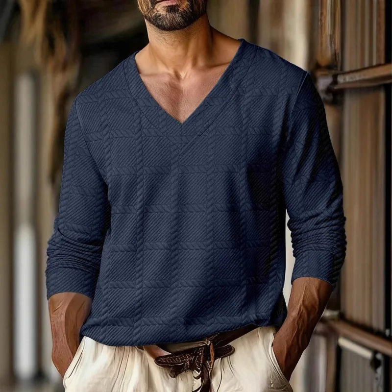 T-shirt à manches longues pour hommes, motif écossais, tissu Jacquard, col en v, sport décontracté, épaules dénudées, nouvelle collection automne