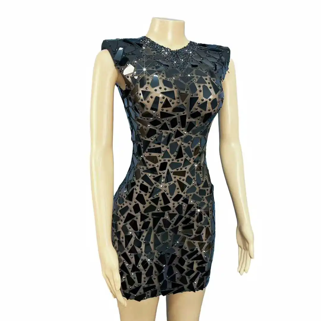 Vestido de lujo negro brillante con espejos y diamantes de imitación, vestido Sexy de malla transparente para mujer, vestido de fiesta de cumpleaños y cóctel de noche, disfraz de alfombra roja