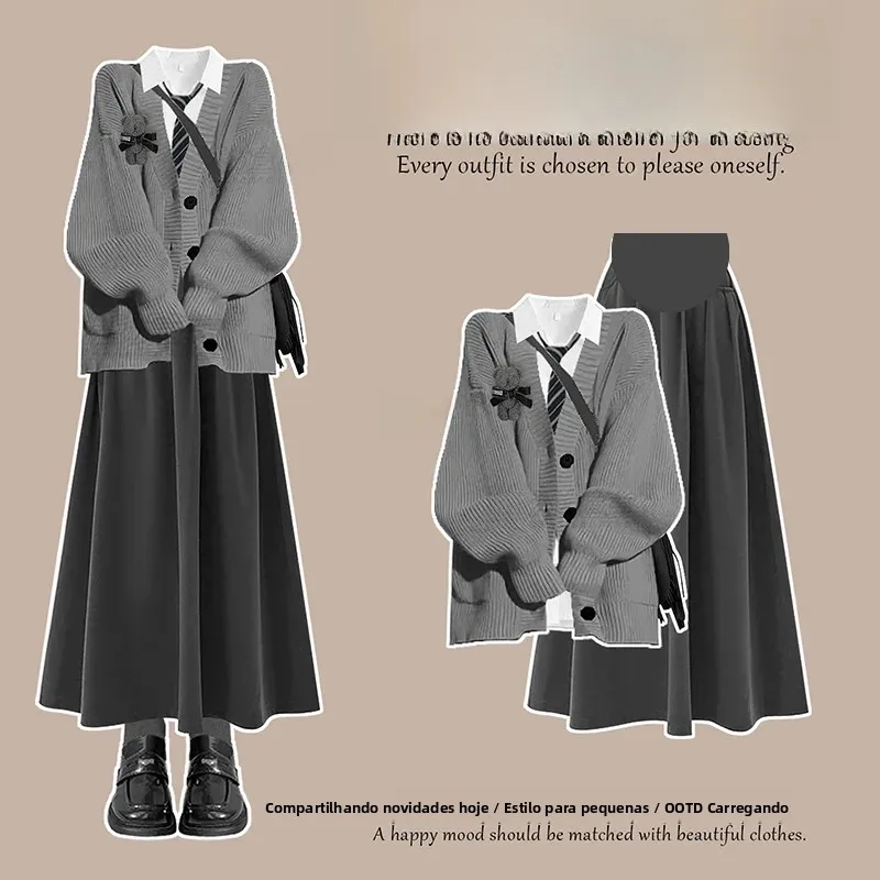 fashionable-maternity-wear-three-piece-set-casual-outdoor-spring-autumn-vintage-sweater-cardigan-half-skirt-slimming-design