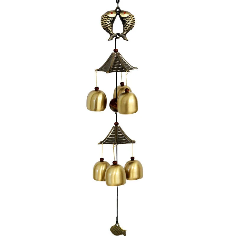 Vintage pure copper bell. 2 layer 6 bell Bagua Peace bell. Feng shui wind chimes Car hanging ornaments balcony hanging ornaments