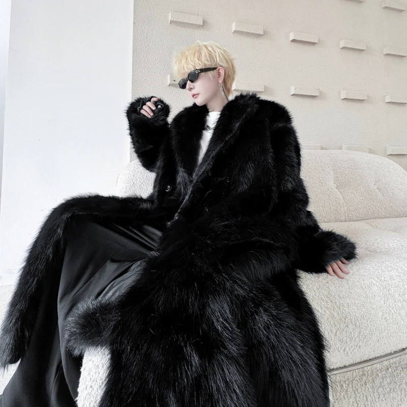 Winter retro velvet thickened medium and long imitation fur coat men's anti-freezing knee coat