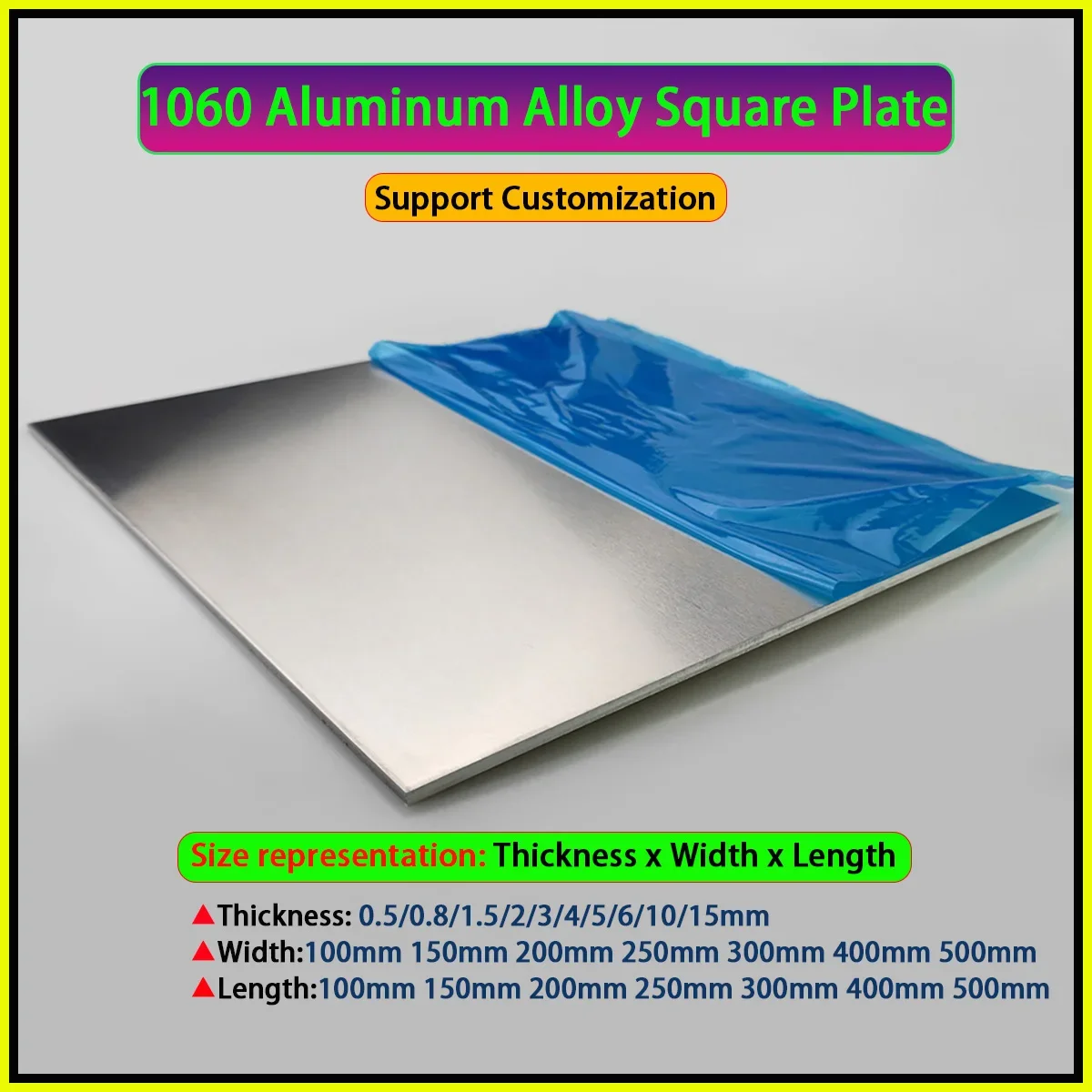 1060 Aluminum Alloy Square Plate Processing Custom Thickness 0.5/0.8/1.5/2/3/4/5/6/10/15mm Size100x100 100x200 100x300-500x500mm