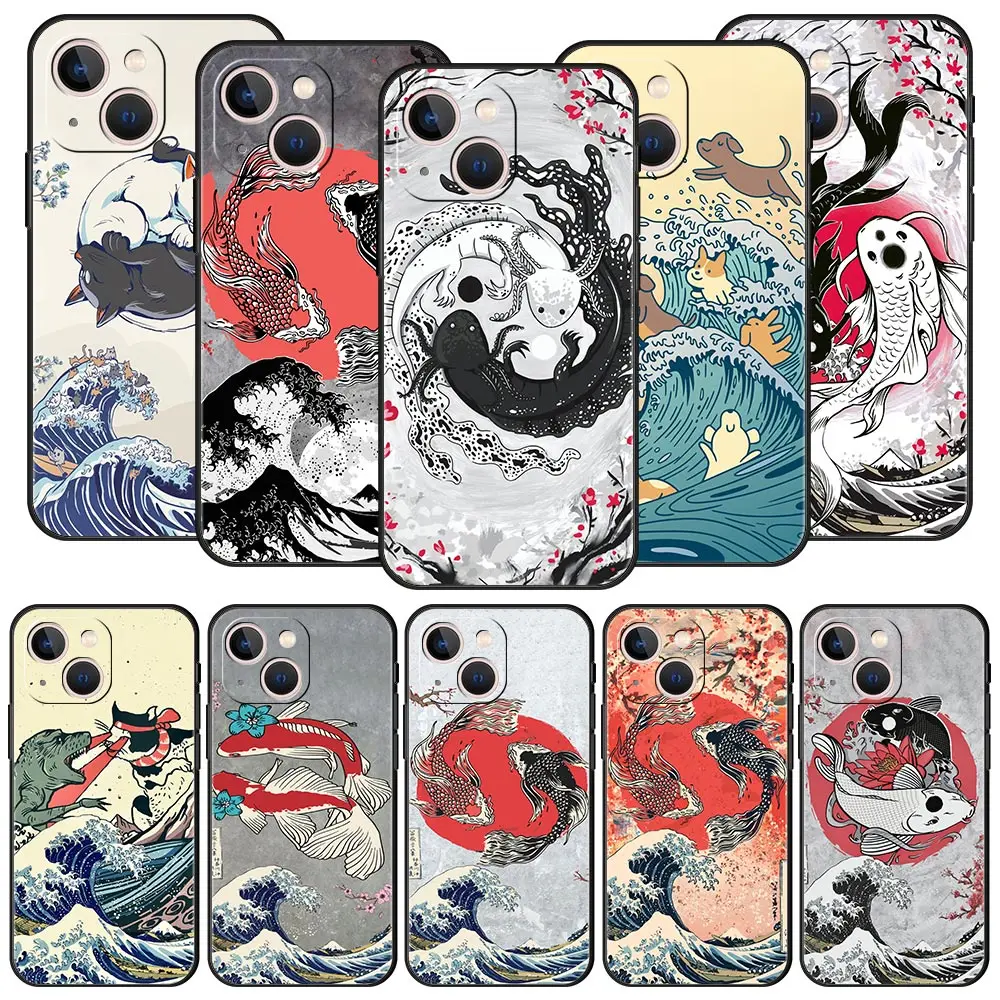 Koi Fish Phone Case For iPhone Apple 15 14 13 12 11 Pro Max Mini XR XS X SE 2020 7 8 Plus Cover Black Silicone Shell Coque Funda