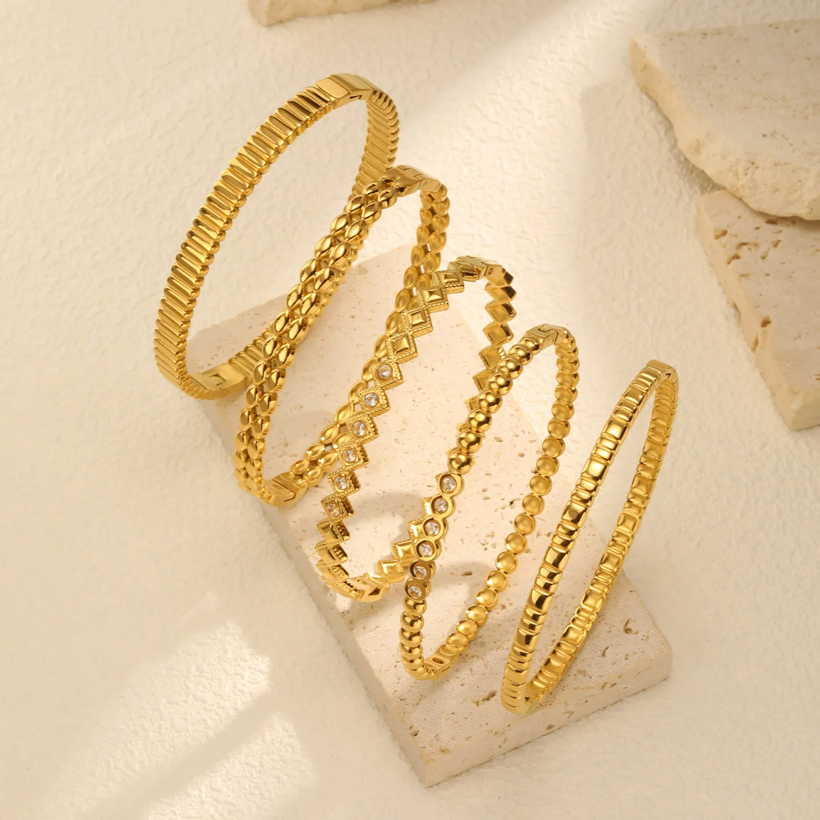 Vnox Romantic Zircon Cuff Bracelet For Women Geometric Fashion Lady Jewelry Stainless Steel Bangles Party Gold Color Never Fade