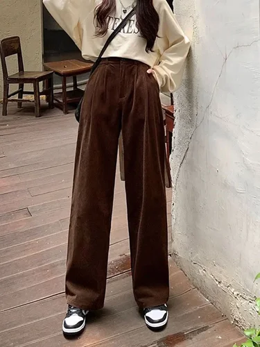 Imagen 2 del producto Pantalones de pana a la moda para mujer, pantalones Retro holgados de cintura alta para café, ropa de calle de pierna ancha negra Vintage para otoño e invierno, novedad de 2024