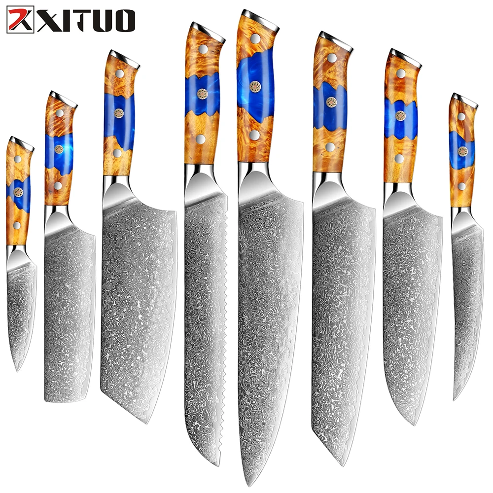 Ultra Sharp Damascus Kitchen Knives Japanese VG10 Steel Core  Chef Cooking Knife Blue Resin Stabilized Wood Handle Fruit Knives