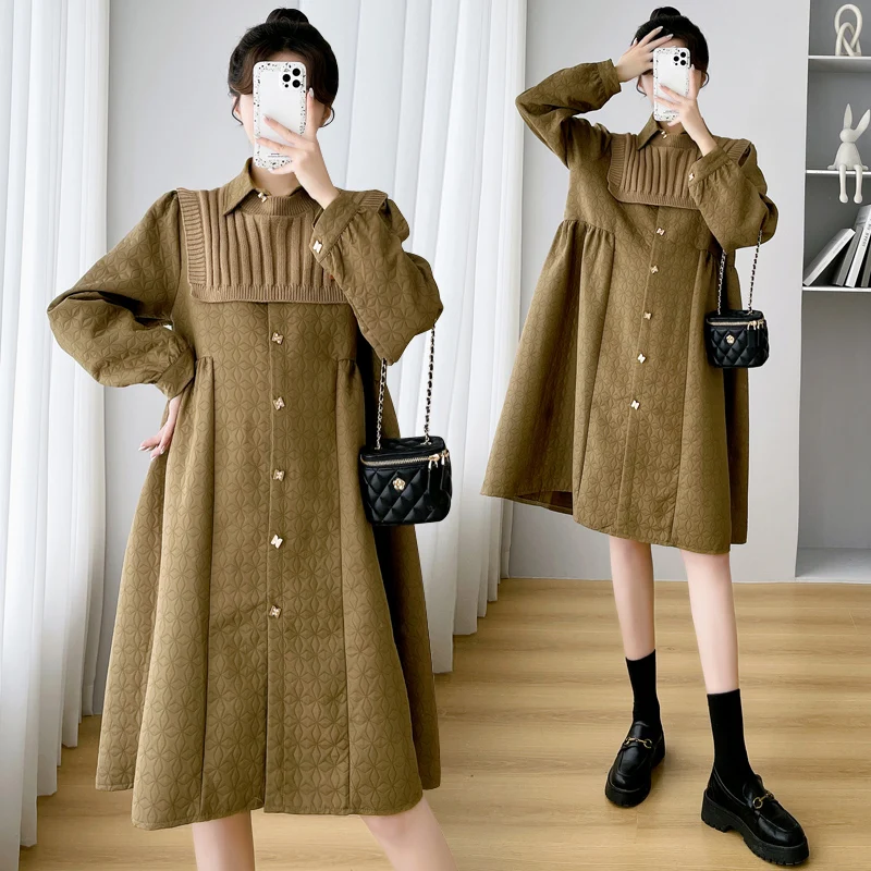 

Plus Size Pregnant Women Clothes Autumn Winter Turn-down Collar Fashion Pregnancy A-Line Dress Loose Maternity Clothes Wholesale