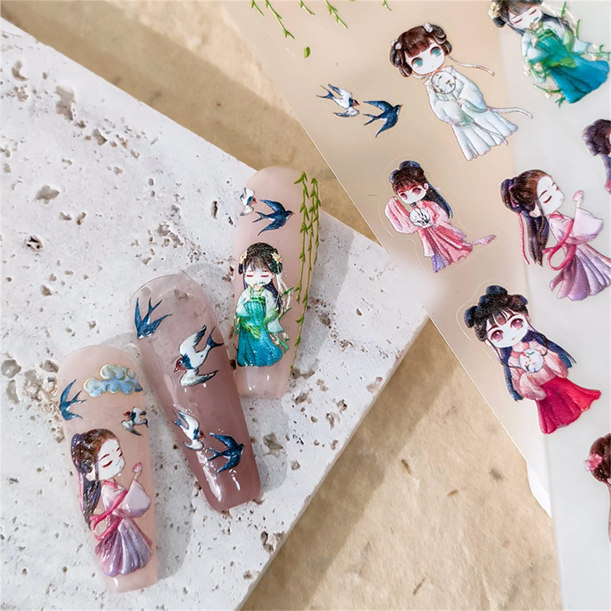 1pcs 5D Relief Kawaii Chinese Styles Nail Art Stickers Young Girl Self Adhesive Transfer Nail Decorations Slider Decals Ornamen