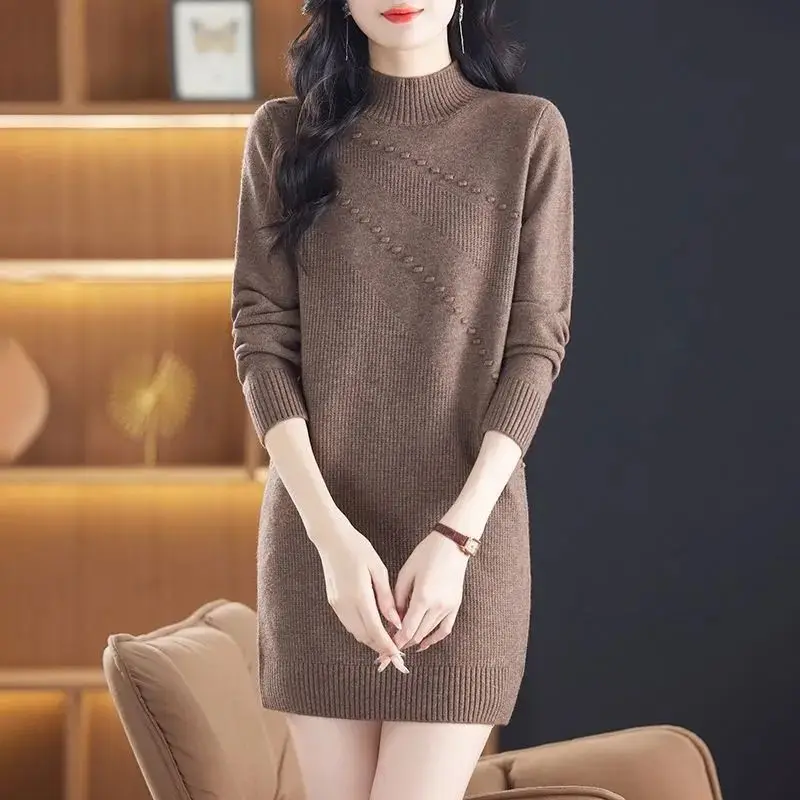 

New Vintage Autumn Women's Clothing Half Turtleneck Warm Winter Sweater Dress Long Sleeve Pollovers Top Female Knitwear Jumper