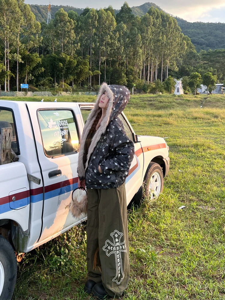 

White One Beautiful American Retro Camouflage Rhinestone Plu Hooded Cotton Jaet Women Winter Loose Thi Warm Outerwear