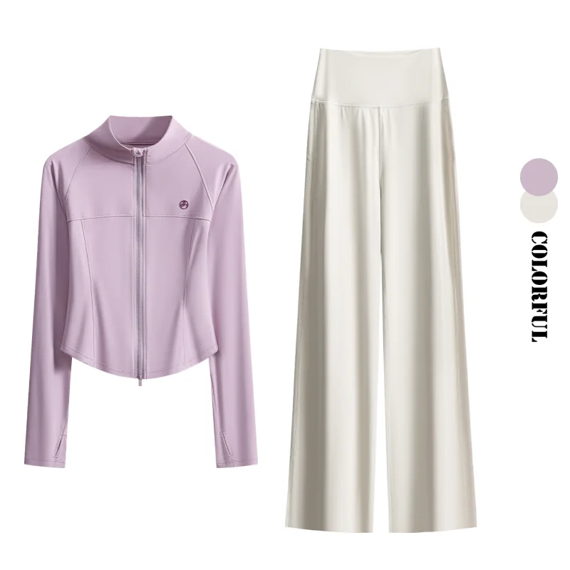 DRUR Elegant Yoga Set With 2 Piece Long Sleeve Sports Jacket and Wide Leg Pants Travel Airport Outfit Matching Sets Streetwear