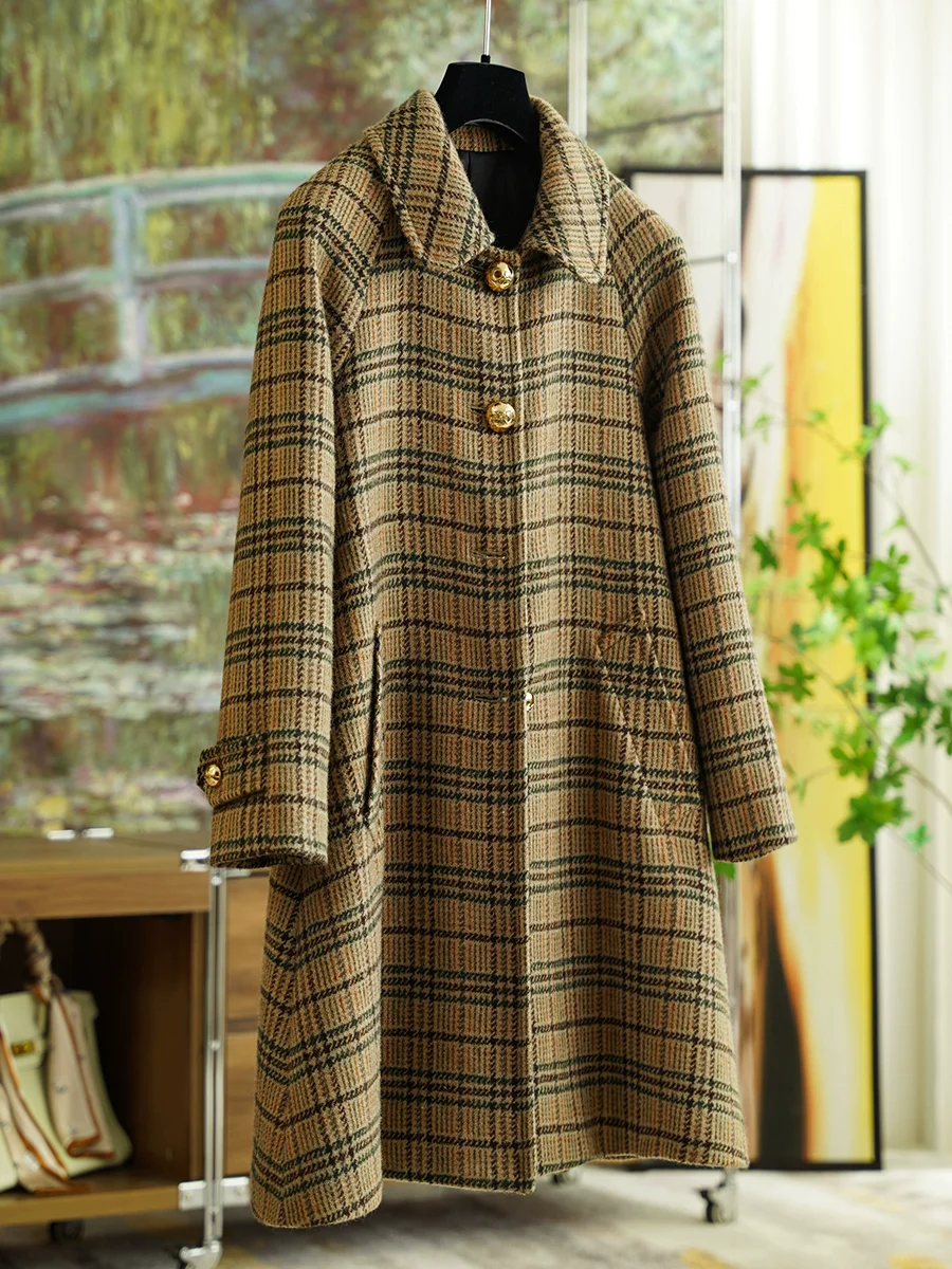 88-96cm Bust Autumn Winter Women England Vintage Elegant Color Contrast Plaid Long Woolen Overcoats