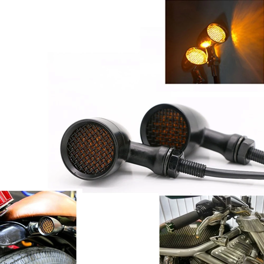 Motorcycle Black Retro LED Turn Signal Brake Light Mesh Grill Amber Lens Fit 10mm Bolt for Honda Yamaha