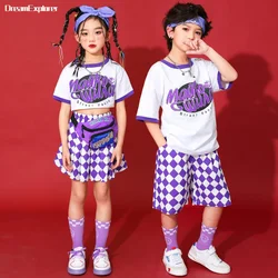 Boys Hip Hop Print T-shirt Street Dance Shorts Girls Purple Crop Top Plaid Skirts Child Summer Clothes Sets Kids Jazz Costumes