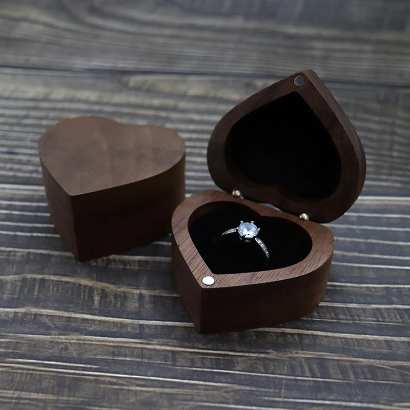 Wedding Love Ring Box Walnut Pair Ring Storage Box Heart Square Shaped Wooden Box Earrings Jewellery Box Packaging Gift