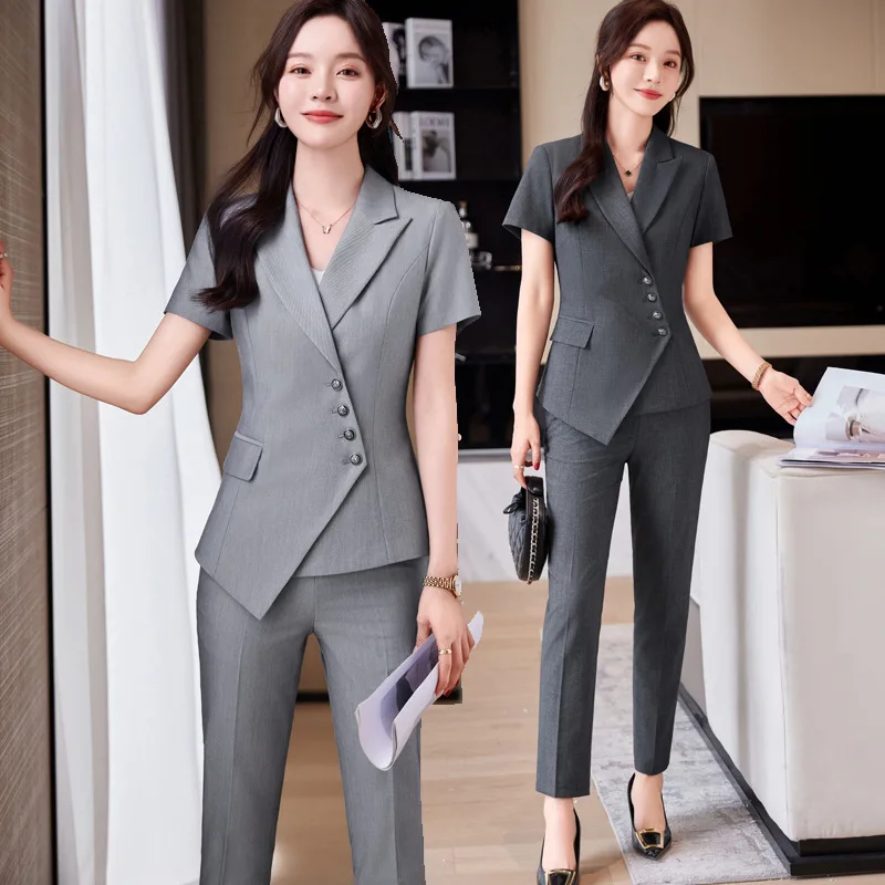 Summer lightweight professional attire, elegant goddess style, hotel manager workwear, short-sleeved blazer suit for women