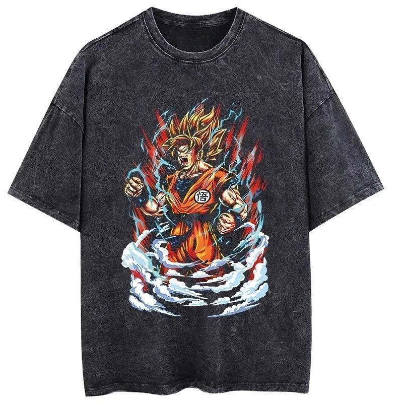Anime-Stil T-Shirt 2025, schwarzes Baumwoll-T-Shirt, goldenes Haarjager, Orange Gi, Vintage-Waschung, Distressed, übergroße Streetwear-Mode