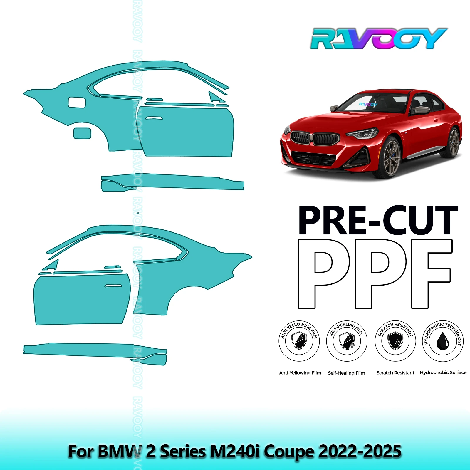 

For BMW 2 Series M240i Coupe 2022-2025 8.5mil Clear Matte Pre-Cut PPF Door & A/B Pillar Kit TPU Paint Protection Film Set