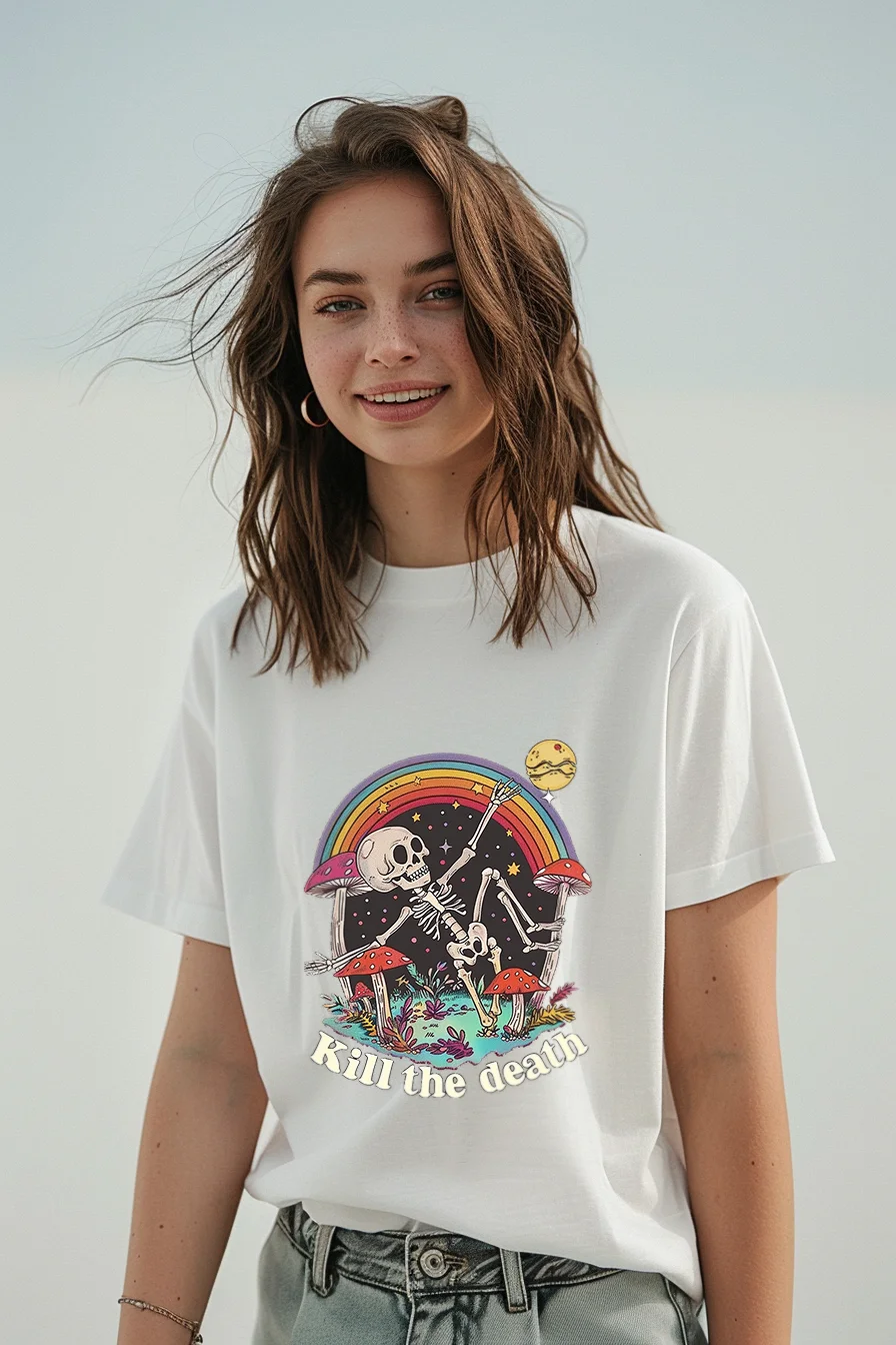 T-shirt com estampa de caveira feminina, t-shirt de manga curta, 100% algodão, dupla face, para férias, gótico, para mulher