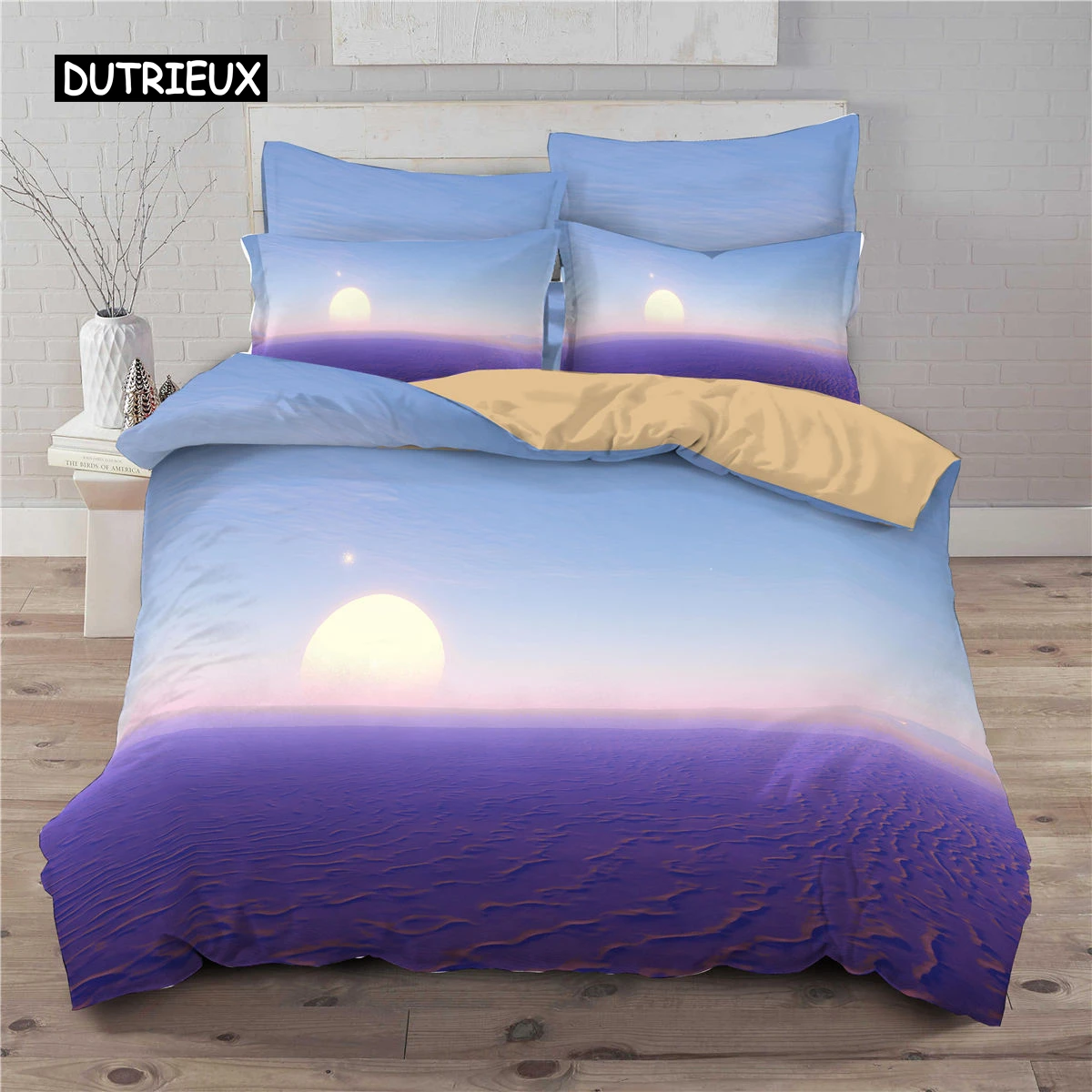 

Landscape Duvet Cover Set Microfiber Purple Ocean Waves Sunrise Print Bedding Set Natural Scenery Theme Double King Quilt Cover