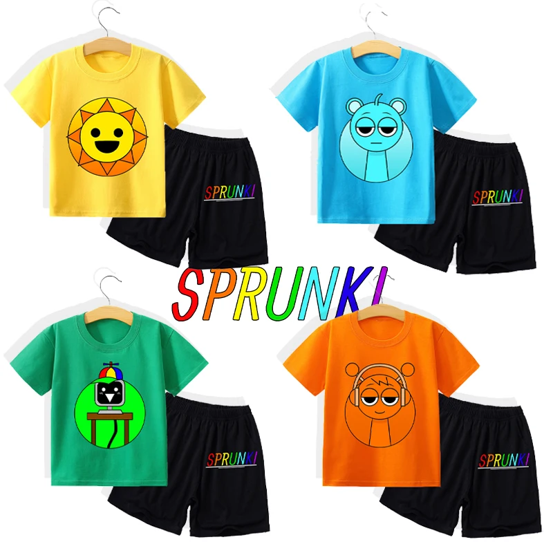 2pcs Sprunki T-shirt Pants Suit Children Anime Cartoon Fashion Short Sleeved Shirt  Trousers Set Boys Girls Summer Clothes Suit