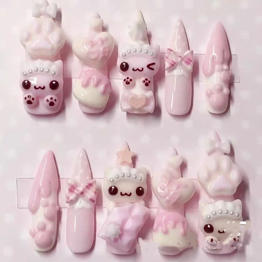 Niedliche Retro Japanische Rilakkuma Rosa Kaninchen Mandel Künstliche Nägel 3D Schleife Stern Katzenpfote Erdbeere Aufklebenägel Handaccessoires – Detail 2
