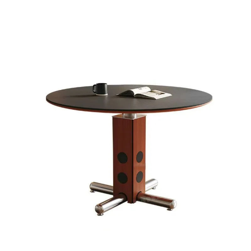 

Medieval round dining table household small apartment high-end stainless steel round table Nordic Bauhaus solid wood rock