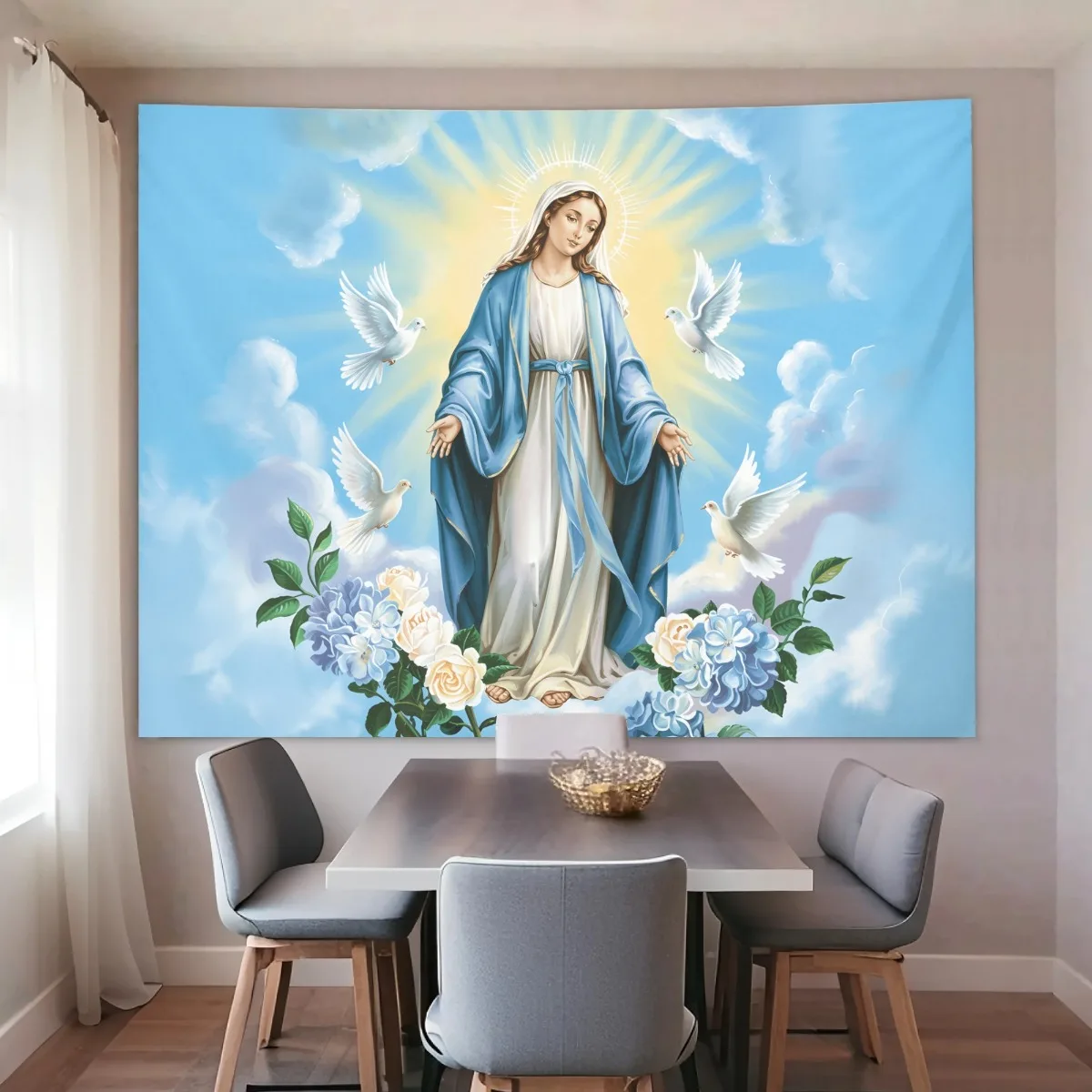 Spiritual Angel Tapestry Wall Hanging Divine Mary Floral Watercolor Art Blue Doves Boho Chic Room Decor Canvas Print