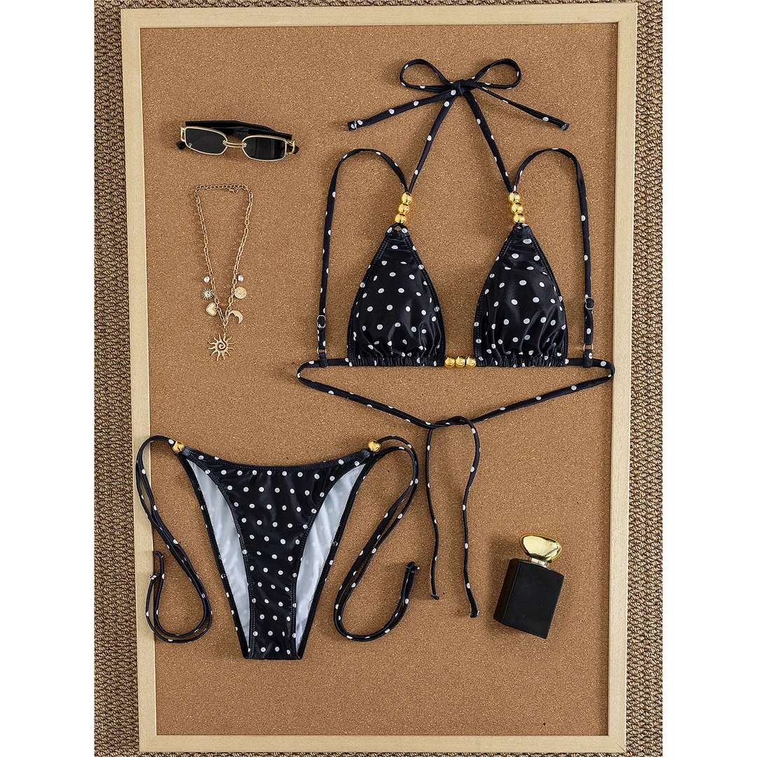 Polka Dot Neckholder-Bikini mit Metallperlen, Damen-Badeanzug, zweiteiliges Bikini-Set, gepolsterter Badeanzug, Badebekleidung, Schwimmbekleidung V8541 – Detail 5