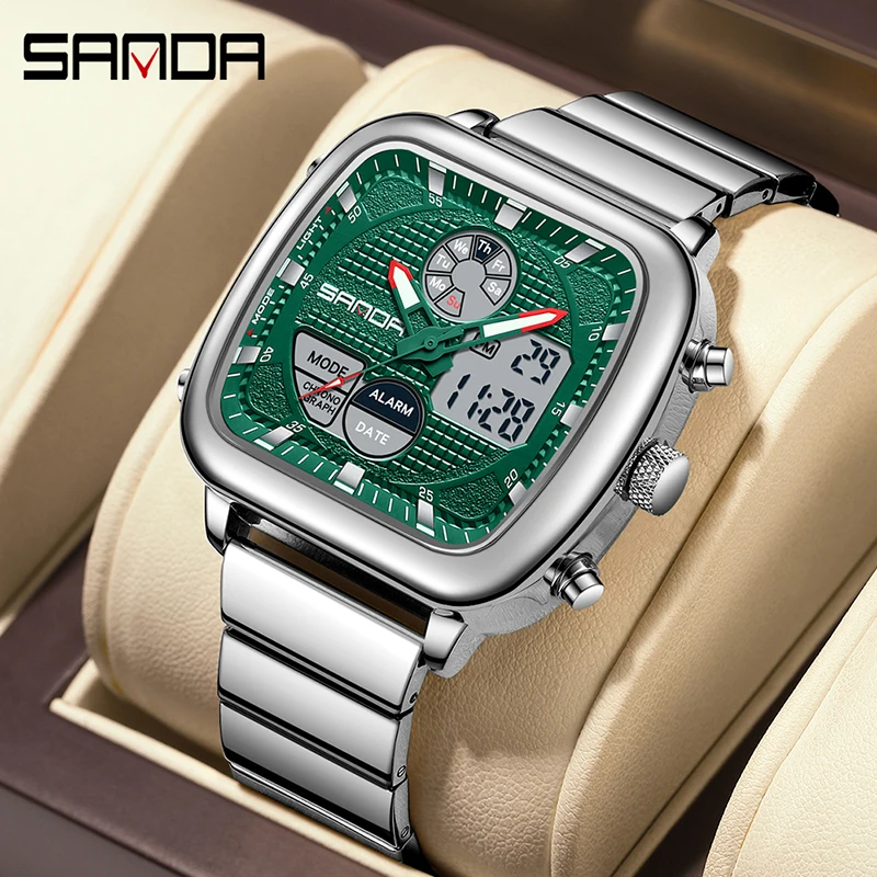 SANDA 9101 Orologi elettronici da uomo quadrante quadrato calendario luminoso cinturino in acciaio impermeabile orologio da polso digitale relojes para hombres