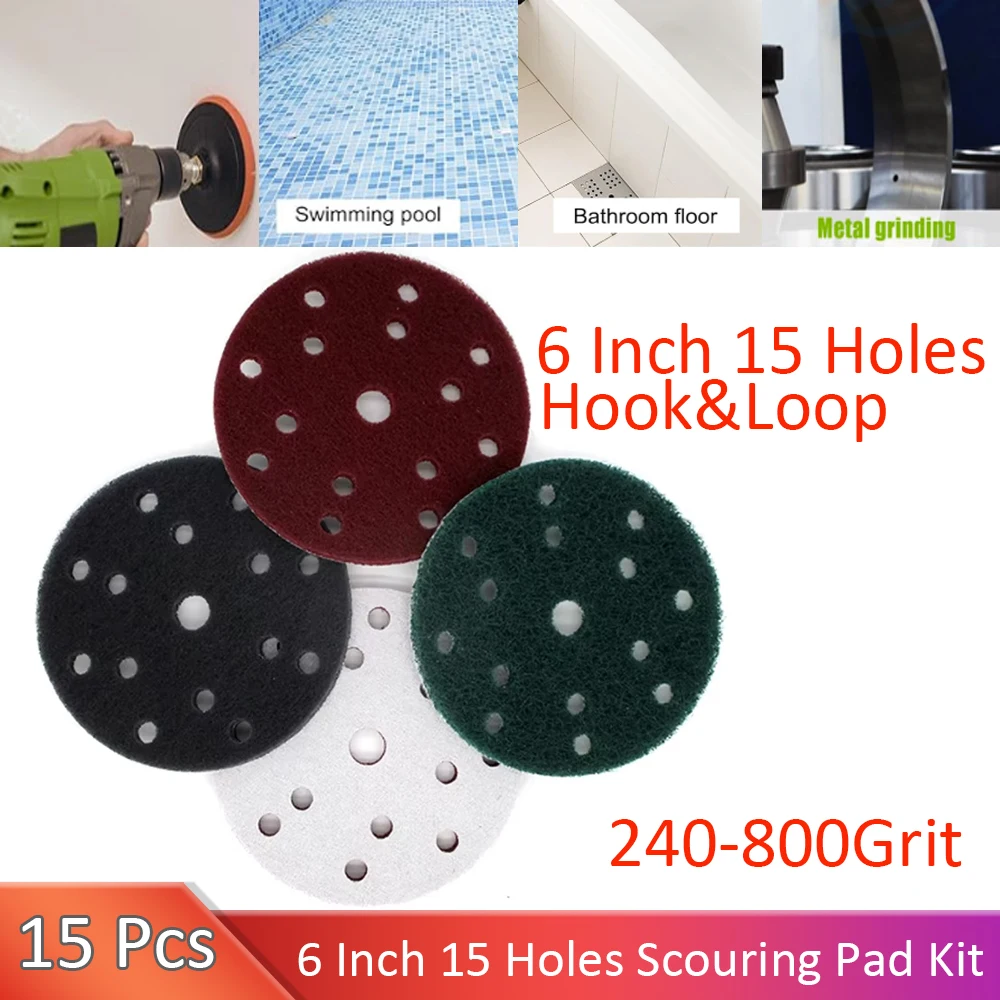 15PCS 6 นิ้ว 15 หลุม Multi-Purpose Flocking Scouring Pad 240-800 กรวดอุตสาหกรรม Heavy Duty ผ้าไนลอนสําหรับขัด & บด
