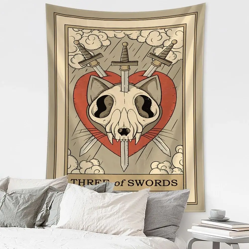 VIKAMA Dark Mystical Tarot Wandteppich, Motiv „Drei der Schwerter“, Katzenschädel-Muster, Wandbehang für Schlafzimmer, Meditationsraum, Dekoration