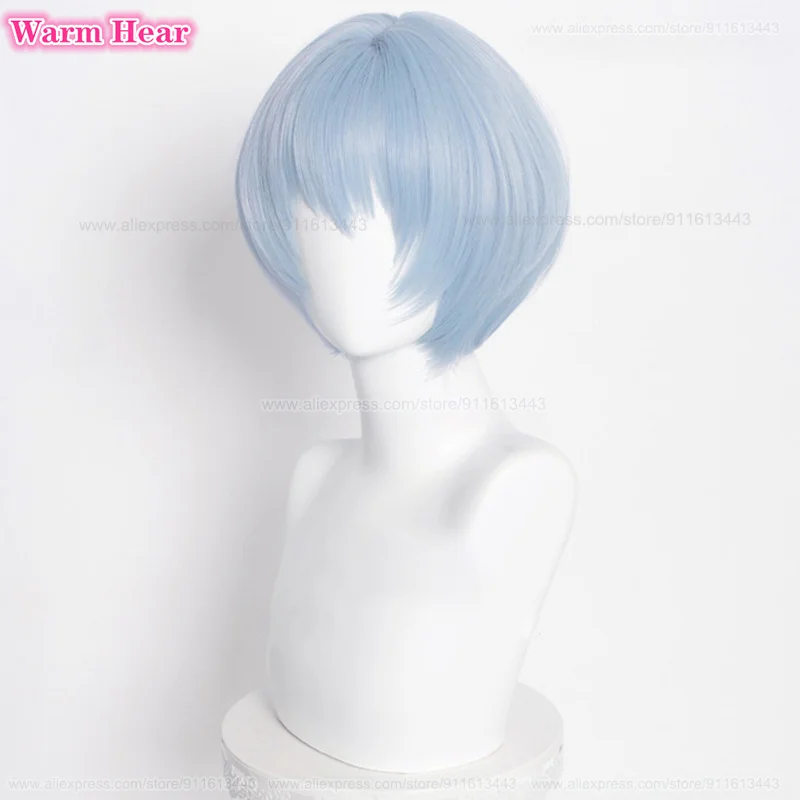 Anime EVA sintetis Ayanami Rei Wig Cosplay biru muda pendek dengan hiasan kepala Wig pesta rambut tahan panas + topi Wig