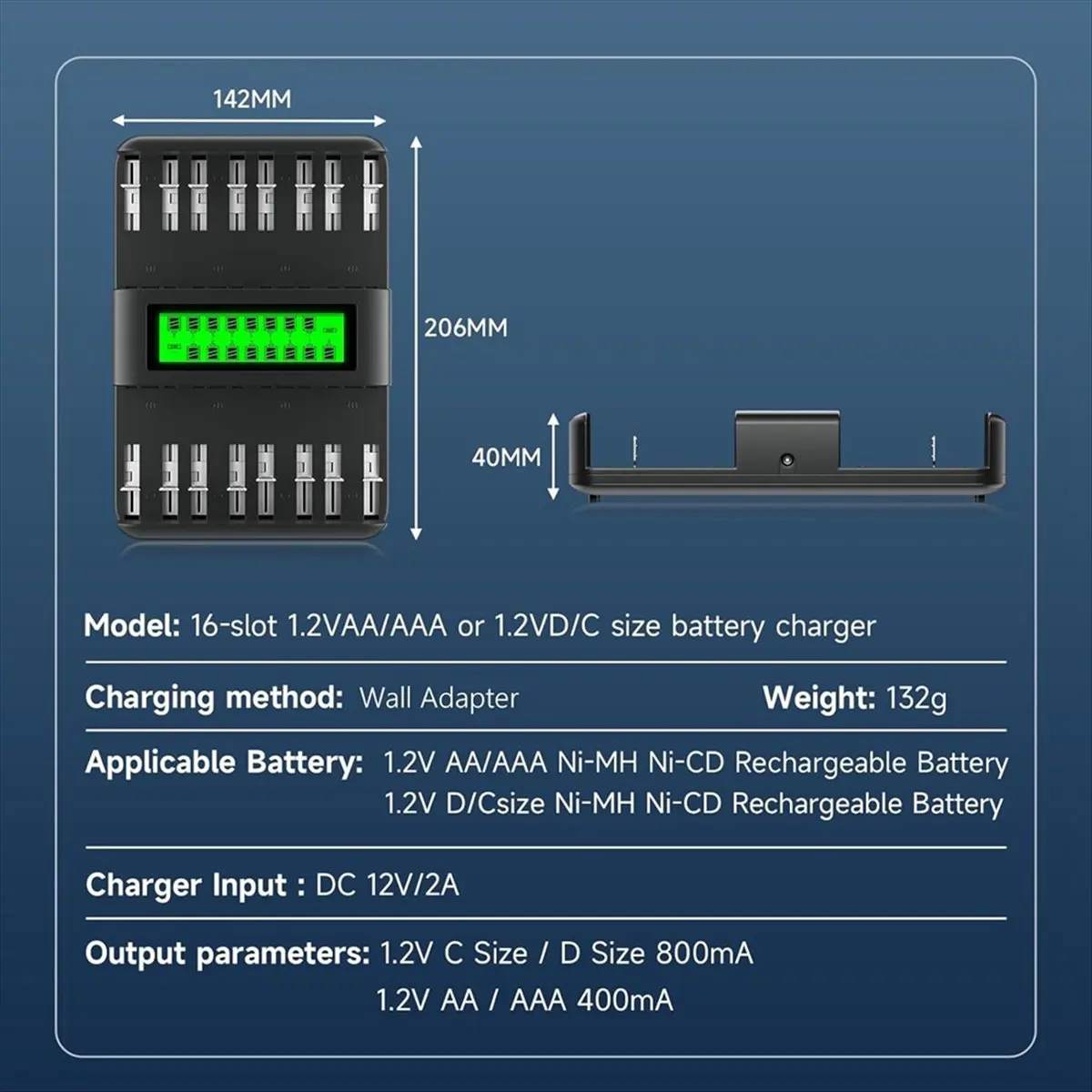 

Новое универсальное зарядное устройство с 16 отсеками и ЖК-дисплеем, совместимое с аккумуляторными батареями AA, AAA, CD и Ni-CD 1,2 В.