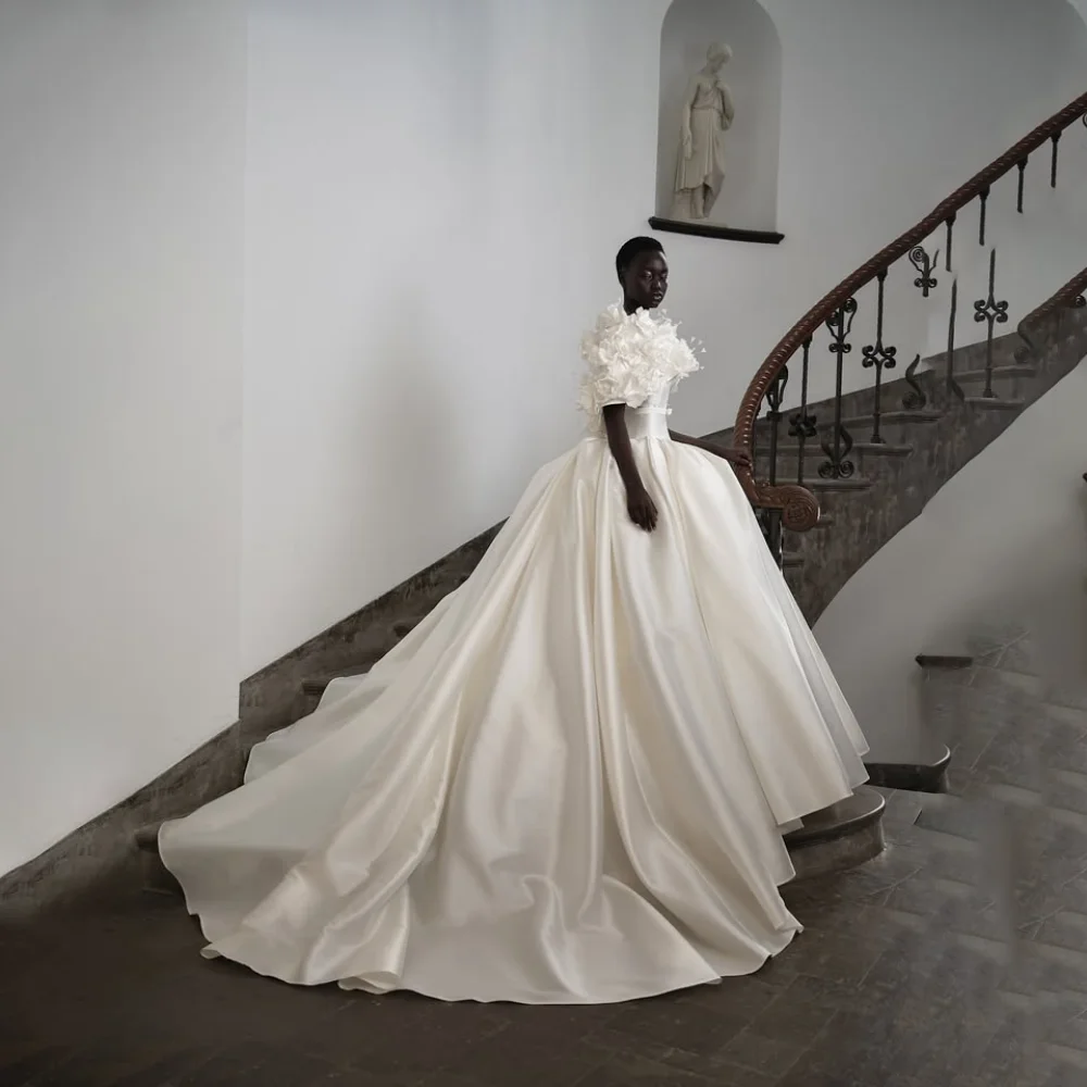 Customized Handmade Flowers Pleated Sashes A-Line Weeding Dresses One Shoulder Sleeveless Backless Sweep Length Bridal Gown