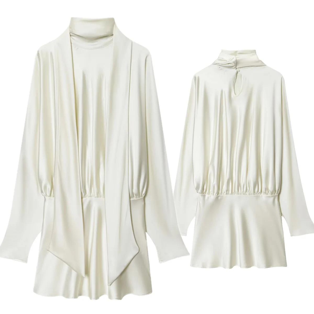 

Maxdutti 2026 Spring Elegant Minimalist Satin Scarf Neck Mini Dress Women Dress Elegant Party Dresses Womens dresses Vestidos