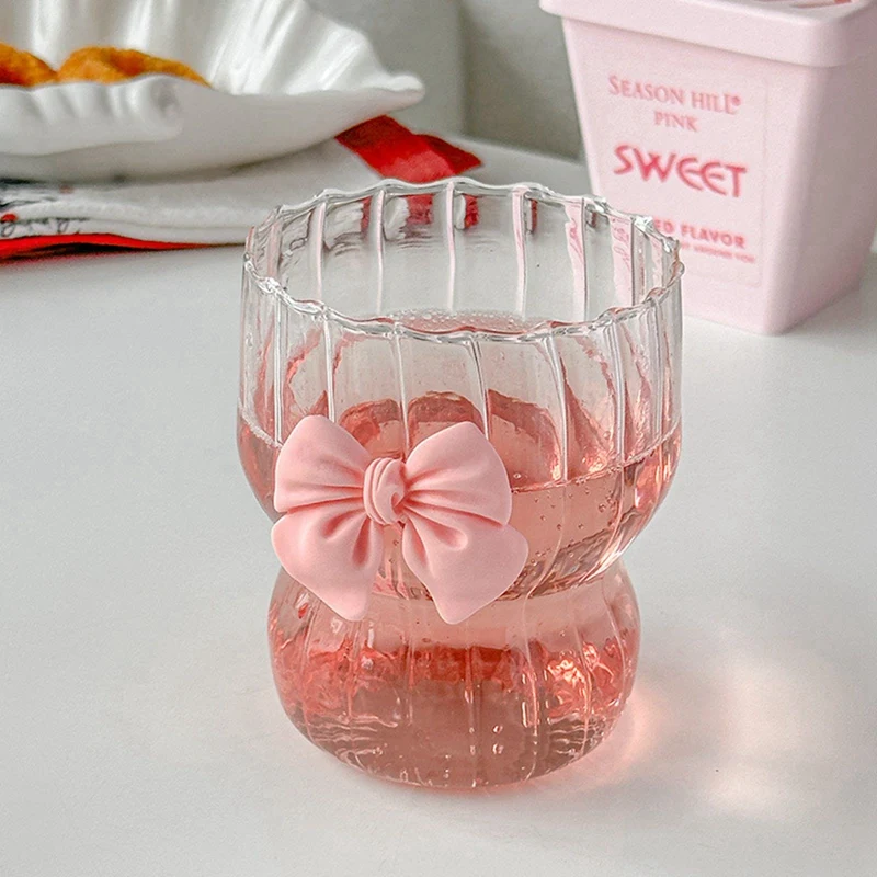 300ml Sweet Ribbed Glass Cups Coffee Drinking Glasses Bow-knot Clear Glass Coffee Mug Striped Juice Water Soda Tea Glassware