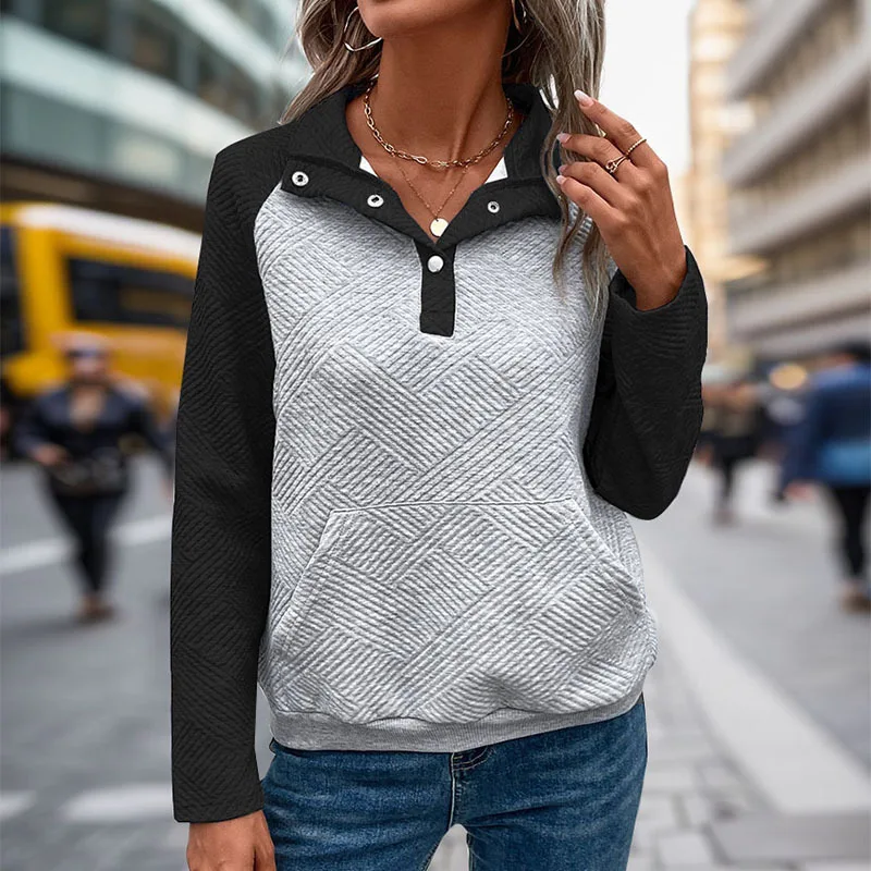 Sudadera informal para mujer, jersey holgado informal sencillo y versátil de Color contrastante para otoño e invierno, ropa con cuello POLO de manga larga